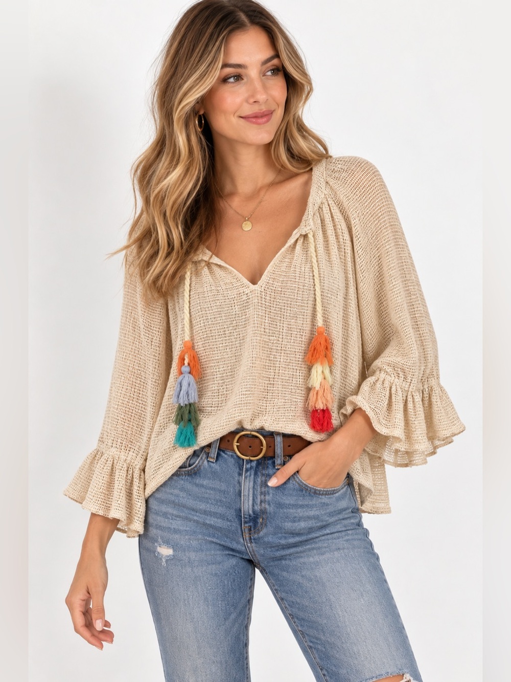 Zara Beige Boho Tassel V-Neck Tunic
